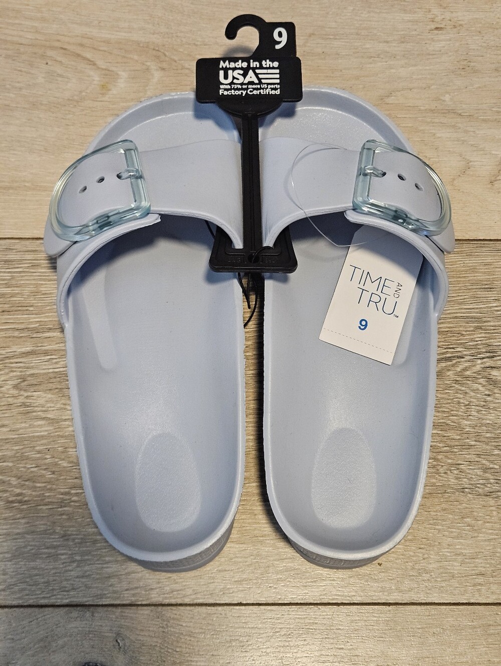 Time and Tru Women's Light Blue One Buckle Slide Sandals Size 9 Made in USA NWT
